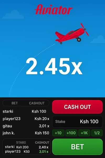 Aviator game interface showing red plane flying with multiplier display, betting controls, and live statistics for Kenyan players