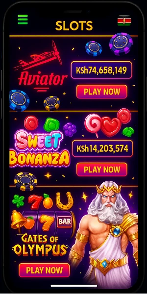 Betin Kenya online casino featuring popular slot games like Aviator, Sweet Bonanza, Gates of Olympus with vibrant graphics and Kenyan shilling currency symbols