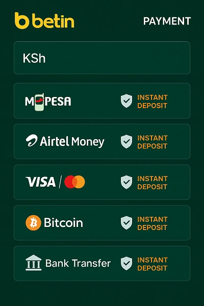 Betin Kenya payment methods showing M-Pesa, Airtel Money, bank cards, and cryptocurrency options with Kenyan shilling currency and secure transaction interface