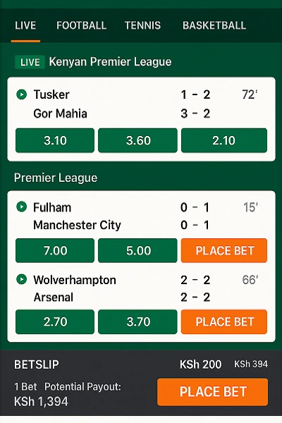 Betin Kenya sports betting interface showing live football matches, KPL games, Premier League odds, and M-Pesa payment options with Kenyan shilling currency