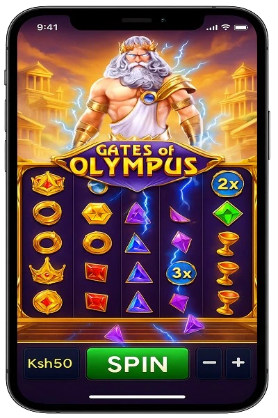 Gates of Olympus slot interface showing Zeus, divine symbols, multipliers, tumbling reels, and betting controls for Kenyan players