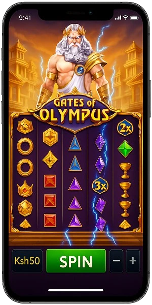 Gates of Olympus slot running on mobile phone showing Zeus, divine symbols, multipliers, and touch-optimized controls for Kenyan mobile users
