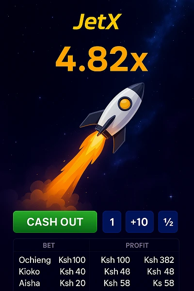 JetX game interface showing rocket launching with exhaust flames, multiplier display, betting controls, and live statistics for Kenyan players