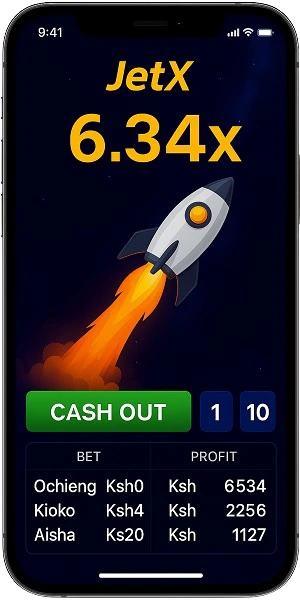 JetX game running on mobile phone showing rocket launching with exhaust flames, large cash out button, and betting controls optimized for Kenyan mobile users