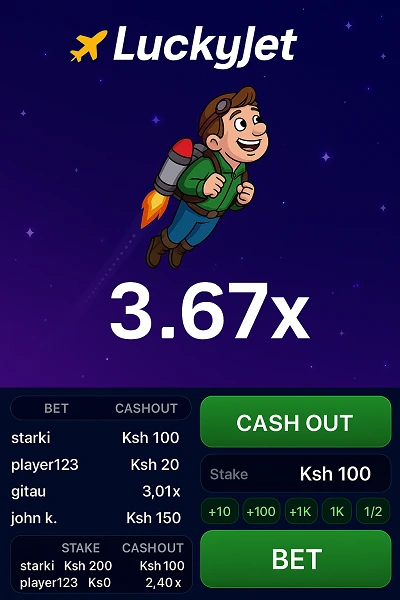 LuckyJet game interface showing Lucky Joe flying through space with jetpack, multiplier display, betting controls, and live statistics for Kenyan players