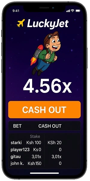 LuckyJet game running on mobile phone showing Lucky Joe flying through space with touch-friendly interface, large cash out button, and betting controls optimized for Kenyan mobile users