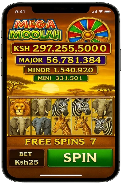 Mega Moolah slot interface showing safari animals, progressive jackpots, free spins, and betting controls for Kenyan players