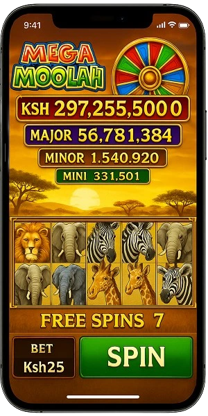 Mega Moolah slot running on mobile phone showing safari animals, progressive jackpots, and mobile-optimized controls for Kenyan players