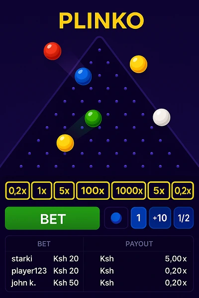Plinko game interface showing colorful balls dropping through pegs with multiplier slots at bottom, betting controls, and live statistics for Kenyan players