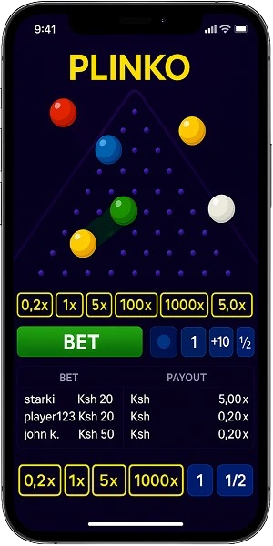 Plinko game running on mobile phone showing colorful balls dropping through pegs with multiplier slots at bottom, touch-friendly controls optimized for Kenyan mobile users
