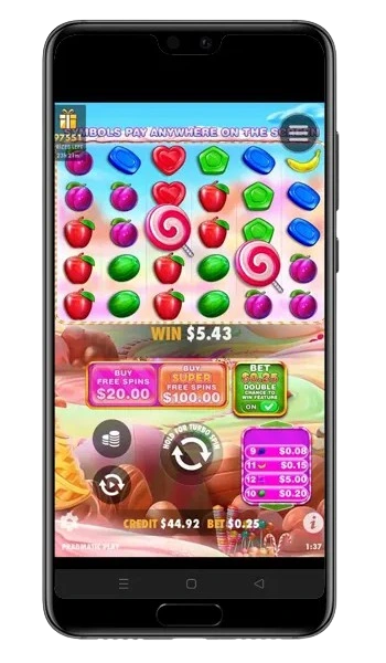 Sweet Bonanza slot interface showing colorful candies, tumbling reels, multiplier bombs, and free spins counter for Kenyan players
