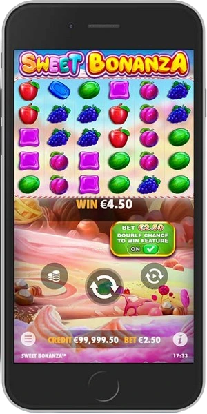 Sweet Bonanza slot running on mobile phone showing colorful candies, tumbling reels, multiplier bombs, and mobile-optimized controls for Kenyan players